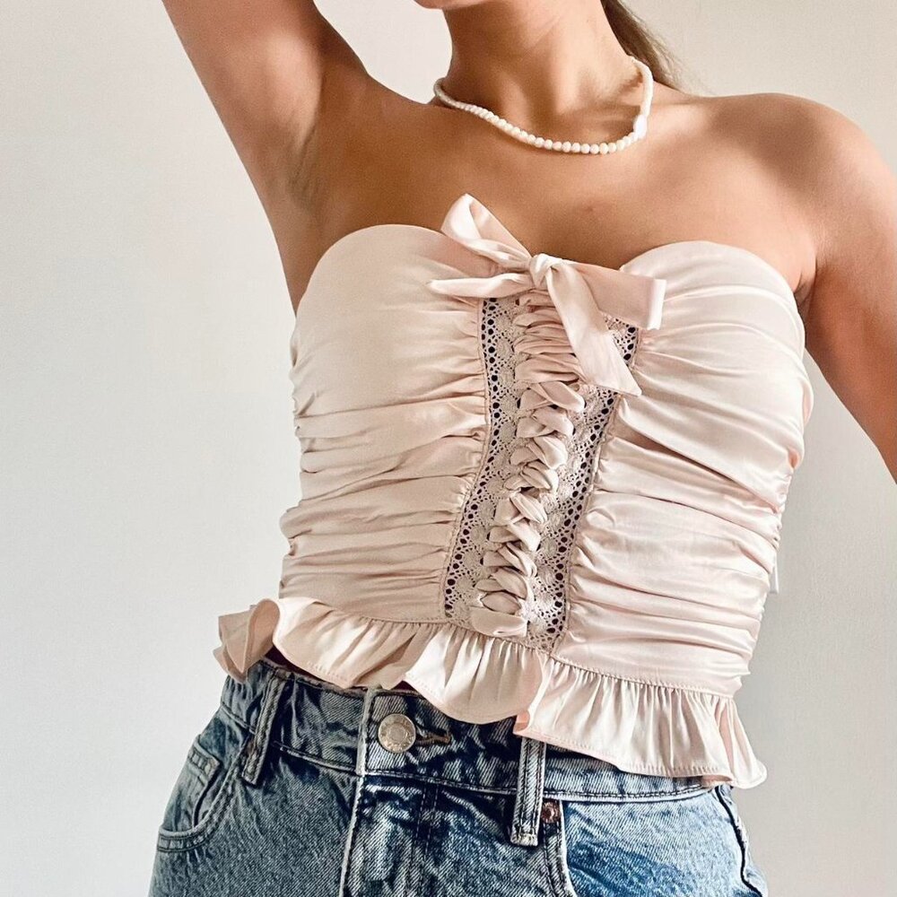 Free People Blush Strapless Blouse with Lace-Up Detail